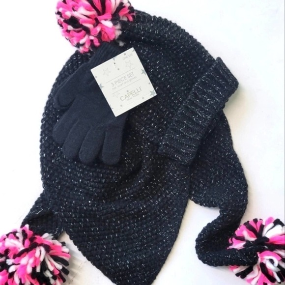 NEW! CAPELLI 3pc. Knit Triangle Scarf, Pom Pom Hat & Glove Gift Set! - Picture 2 of 10